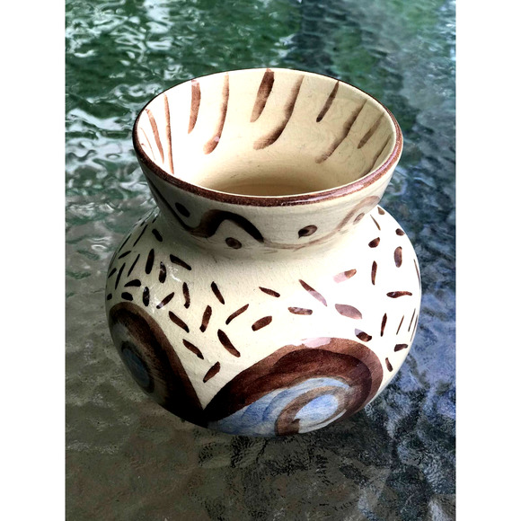 Ivory Pottery Vase with Blue & Brown Crackle Glaze in a Wave Pattern - Picture 4 of 10